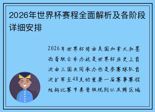 2026年世界杯赛程全面解析及各阶段详细安排